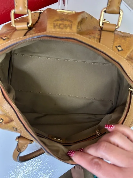 MCM Cognac Logo Visetos Barrel Satchel with Gold Plaque - Picture 5 of 14